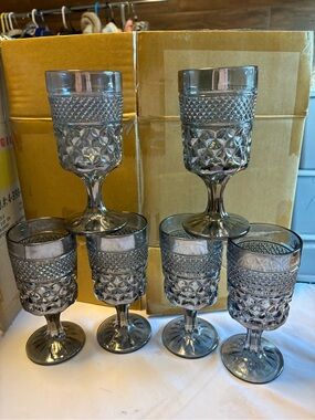 Vintage Anchor Hocking Wexford Smoke Gray Wine Goblets-Set of 6
